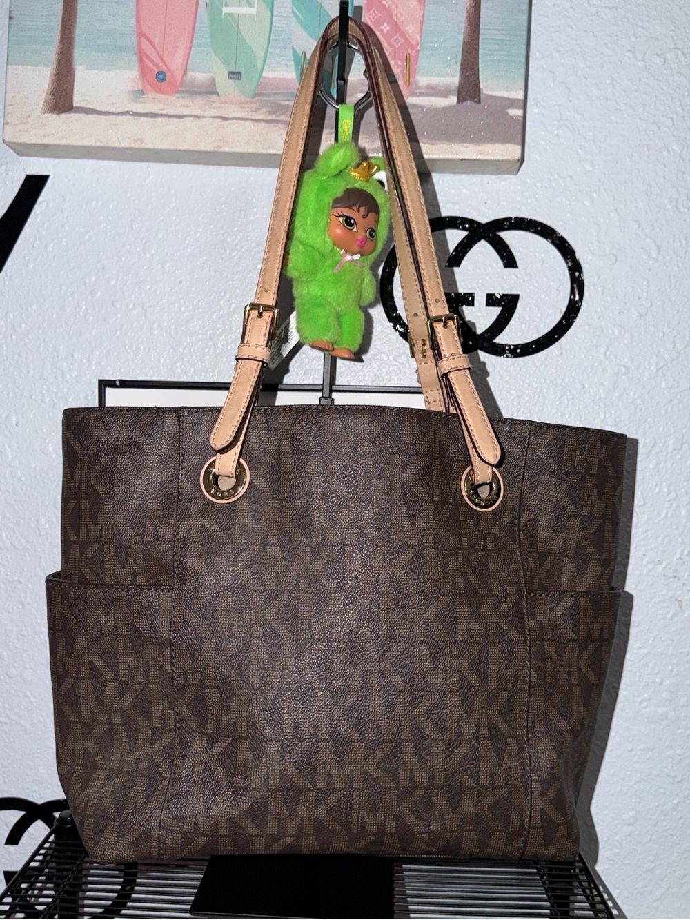 Michael Michael Kors Brown Logo Tote with Beige Leather Handles